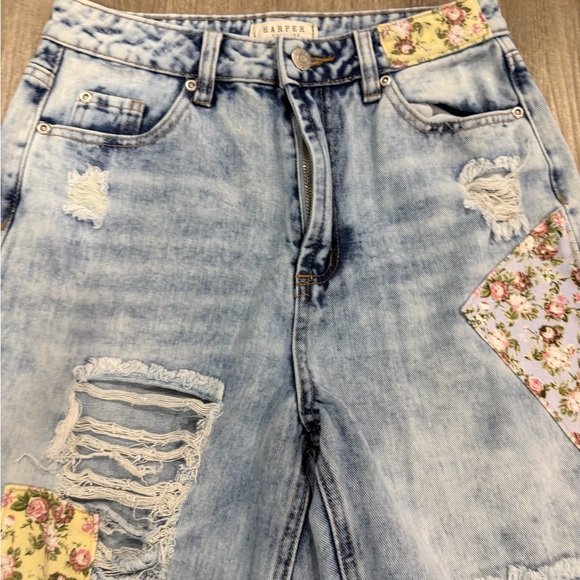 Francesca's Collections Light Blue Distressed Jeans with Floral Patchwork - Picture 2 of 8
